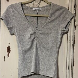 WeWoreWhat Gray Ruched Fitted Short Sleeve T-Shirt